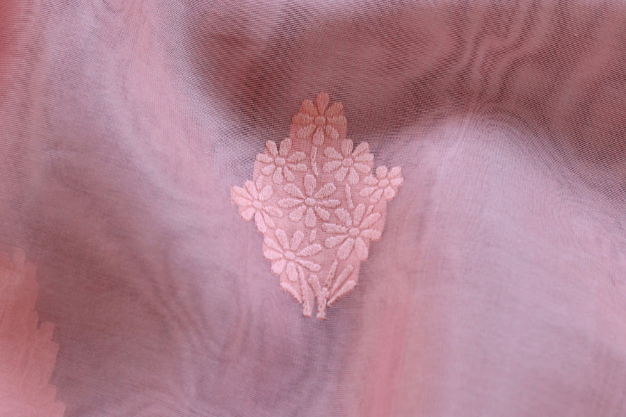 Peachy Pink Resham Kadhua Pure Kora Silk Handloom Saree
