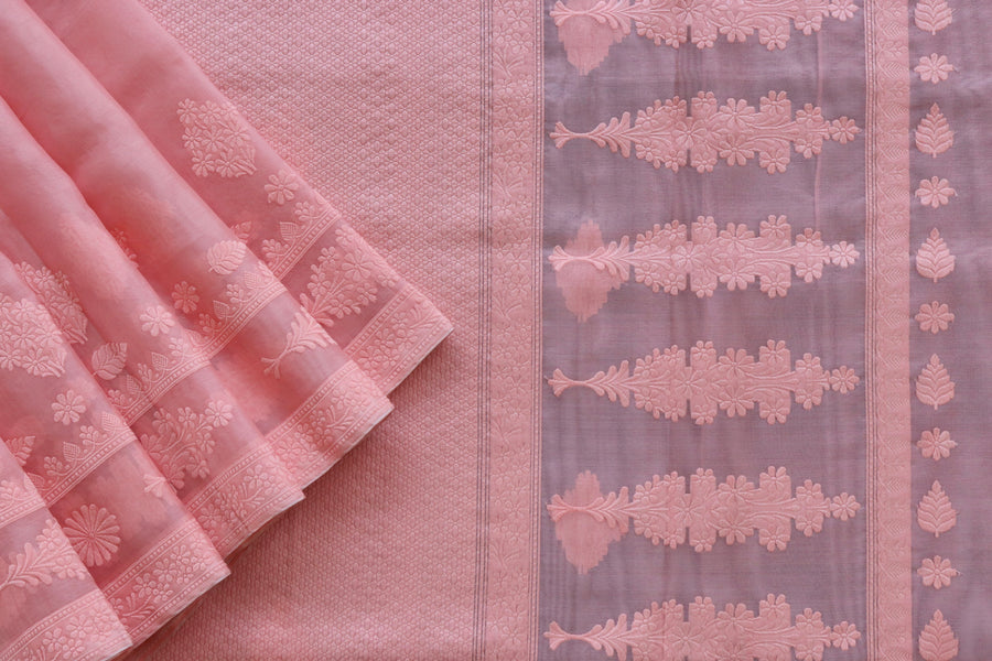 Peachy Pink Resham Kadhua Pure Kora Silk Handloom Saree