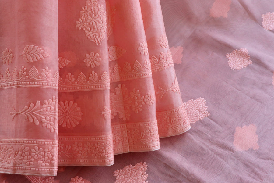 Peachy Pink Resham Kadhua Pure Kora Silk Handloom Saree