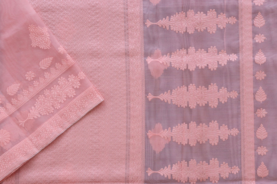 Peachy Pink Resham Kadhua Pure Kora Silk Handloom Saree