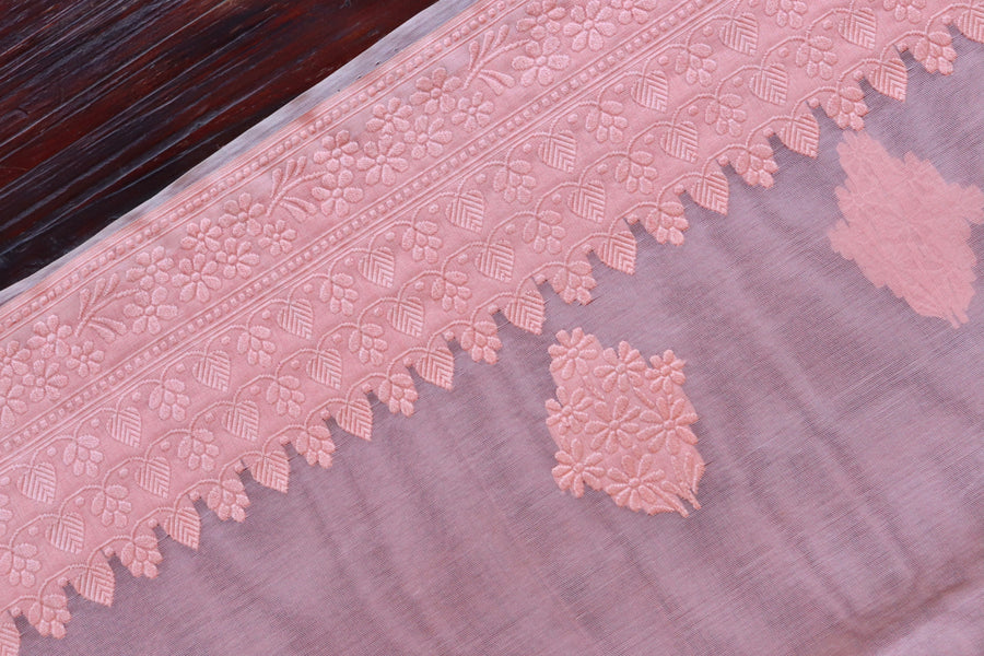Peachy Pink Resham Kadhua Pure Kora Silk Handloom Saree