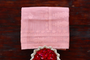 Peachy Pink handloom Banarsi saree with kadhua motifs in pure Kora silk