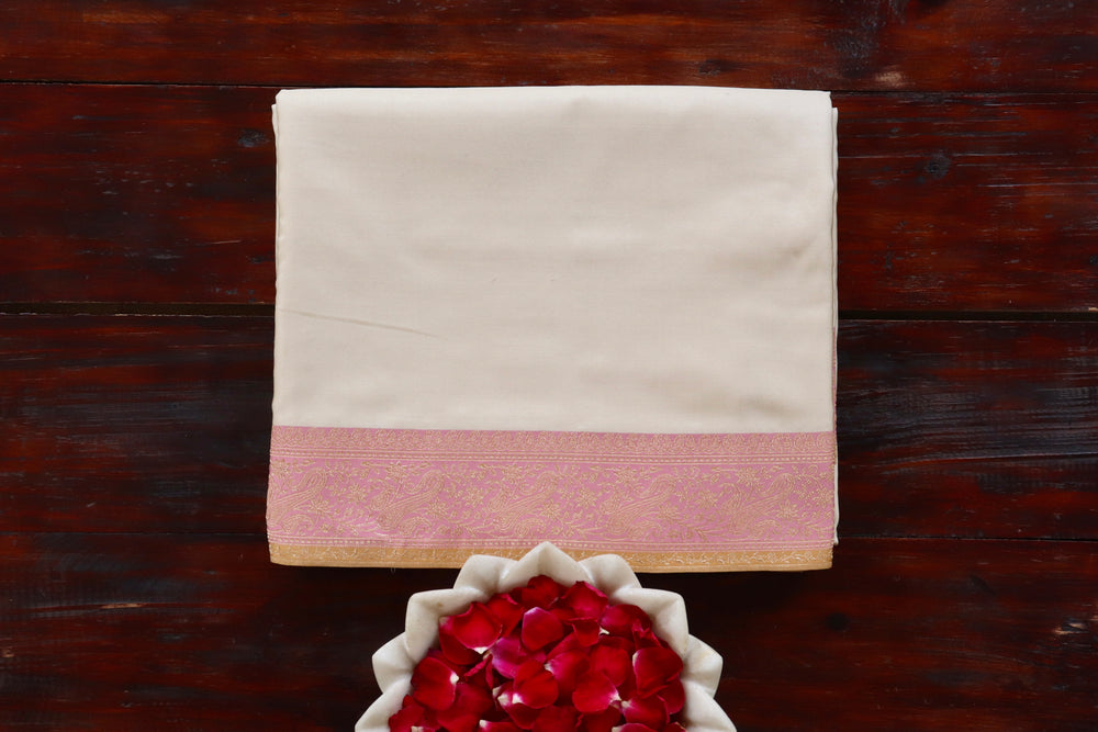 Ivory handloom Banarsi saree in Satin silk