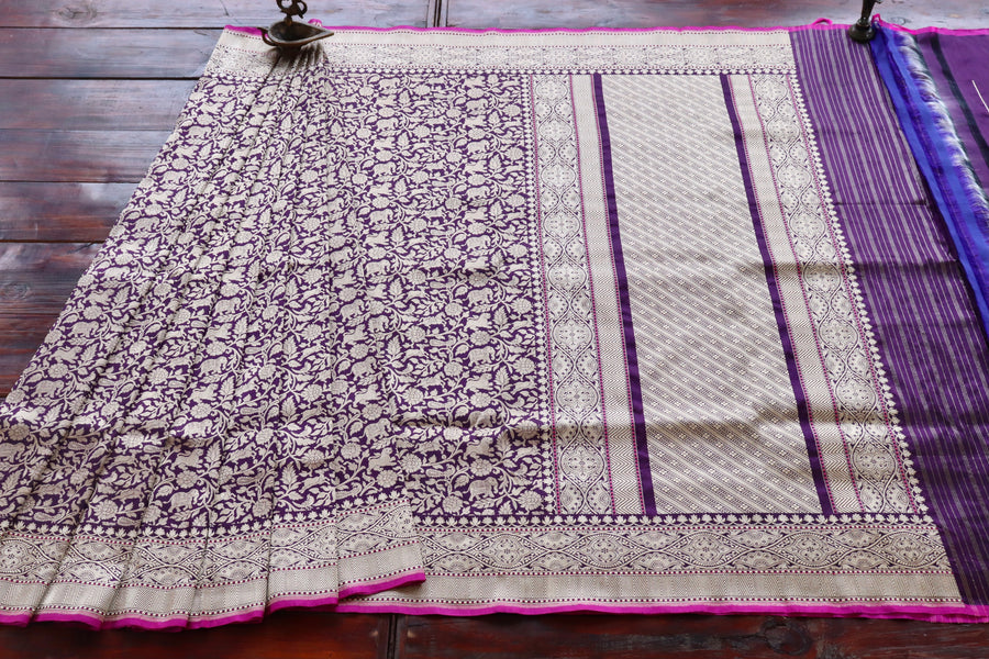 Purple Shikargah Pure Silk Handloom Banarasi Saree