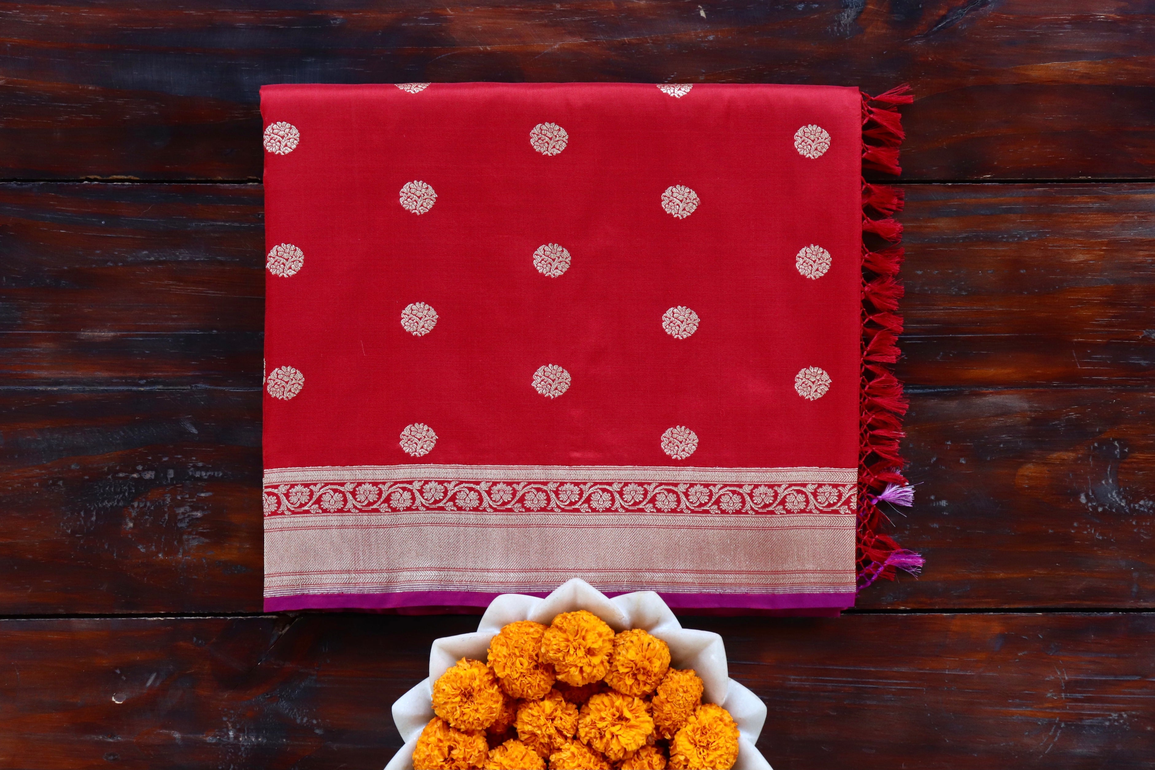 Red Ginnie Motif Pure Silk Handloom Banarasi Saree