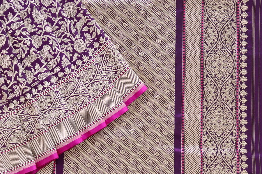 Purple Shikargah Pure Silk Handloom Banarasi Saree