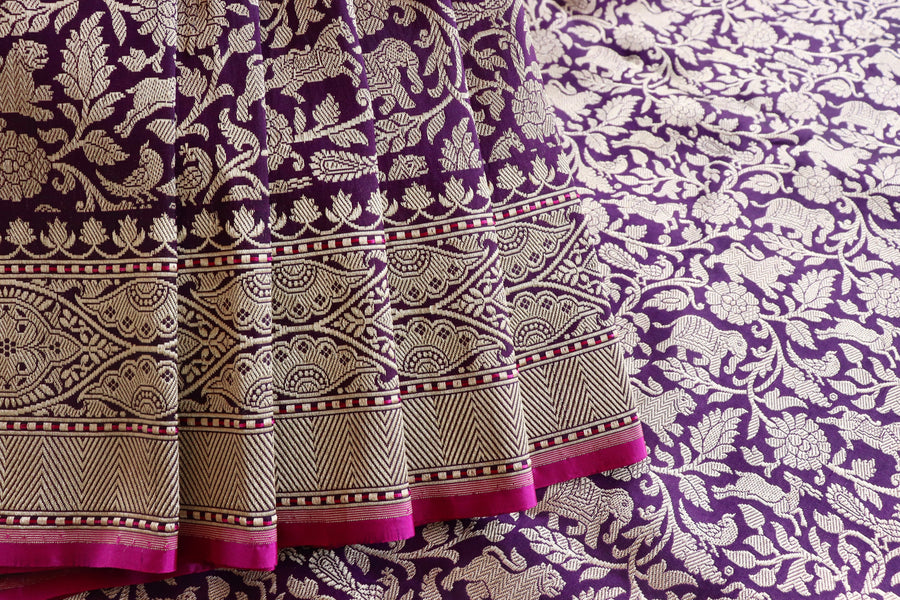 Purple Shikargah Pure Silk Handloom Banarasi Saree