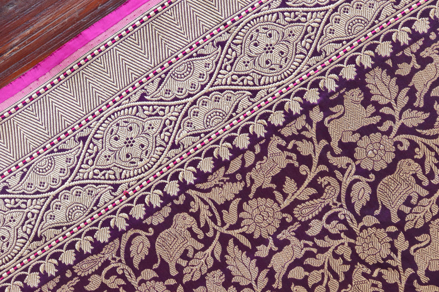 Purple Shikargah Pure Silk Handloom Banarasi Saree