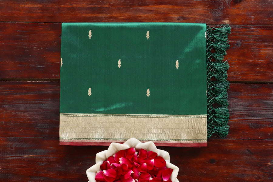 Bottle Green handloom Banarsi saree with kairy motifs in pure silk