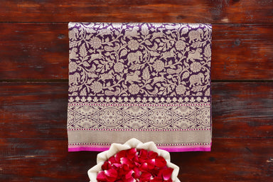 Purple handloom Banarsi saree with shikargah motifs in pure silk