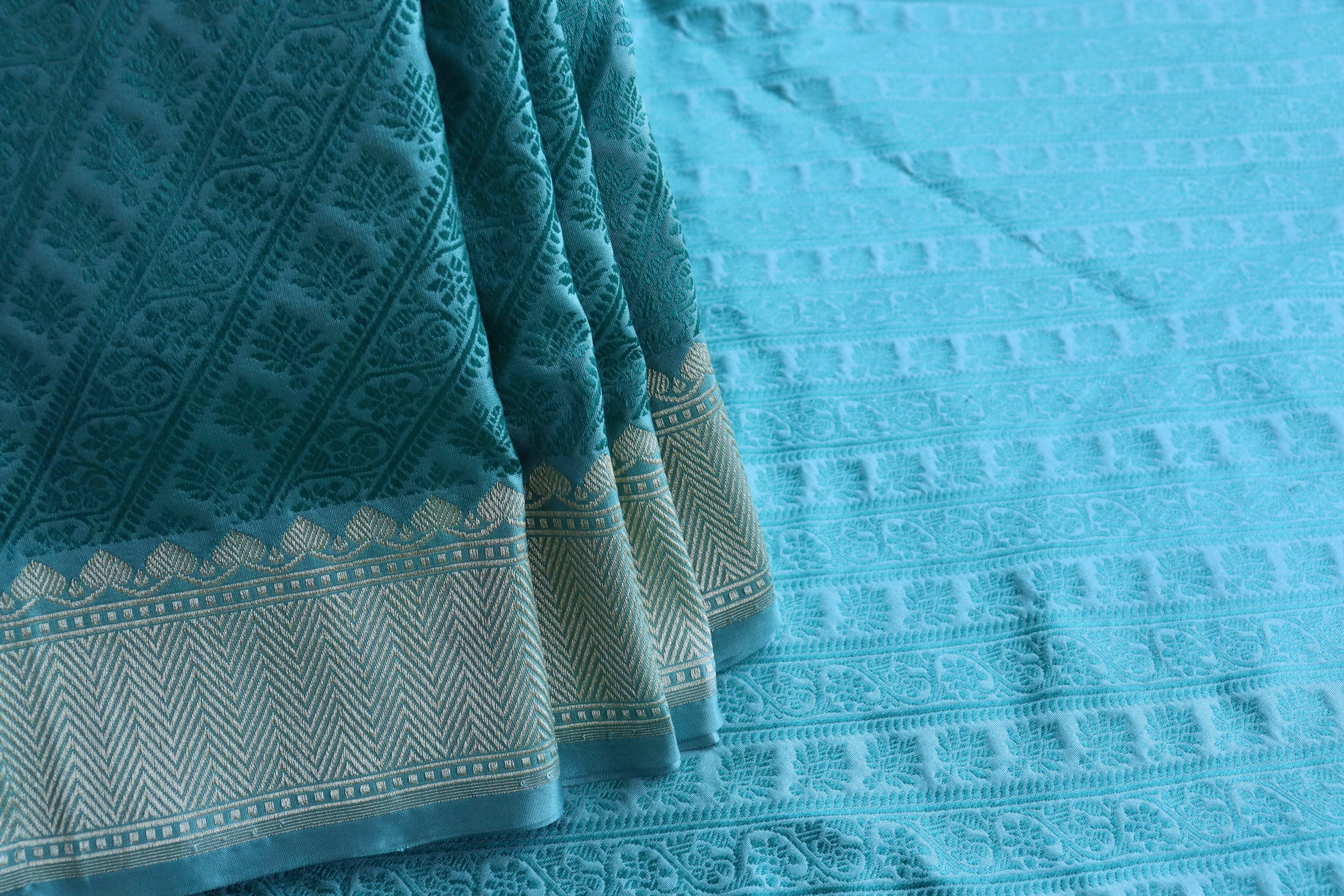 Sea Blue Resham Handwoven Banarasi Tanchoi Silk Saree