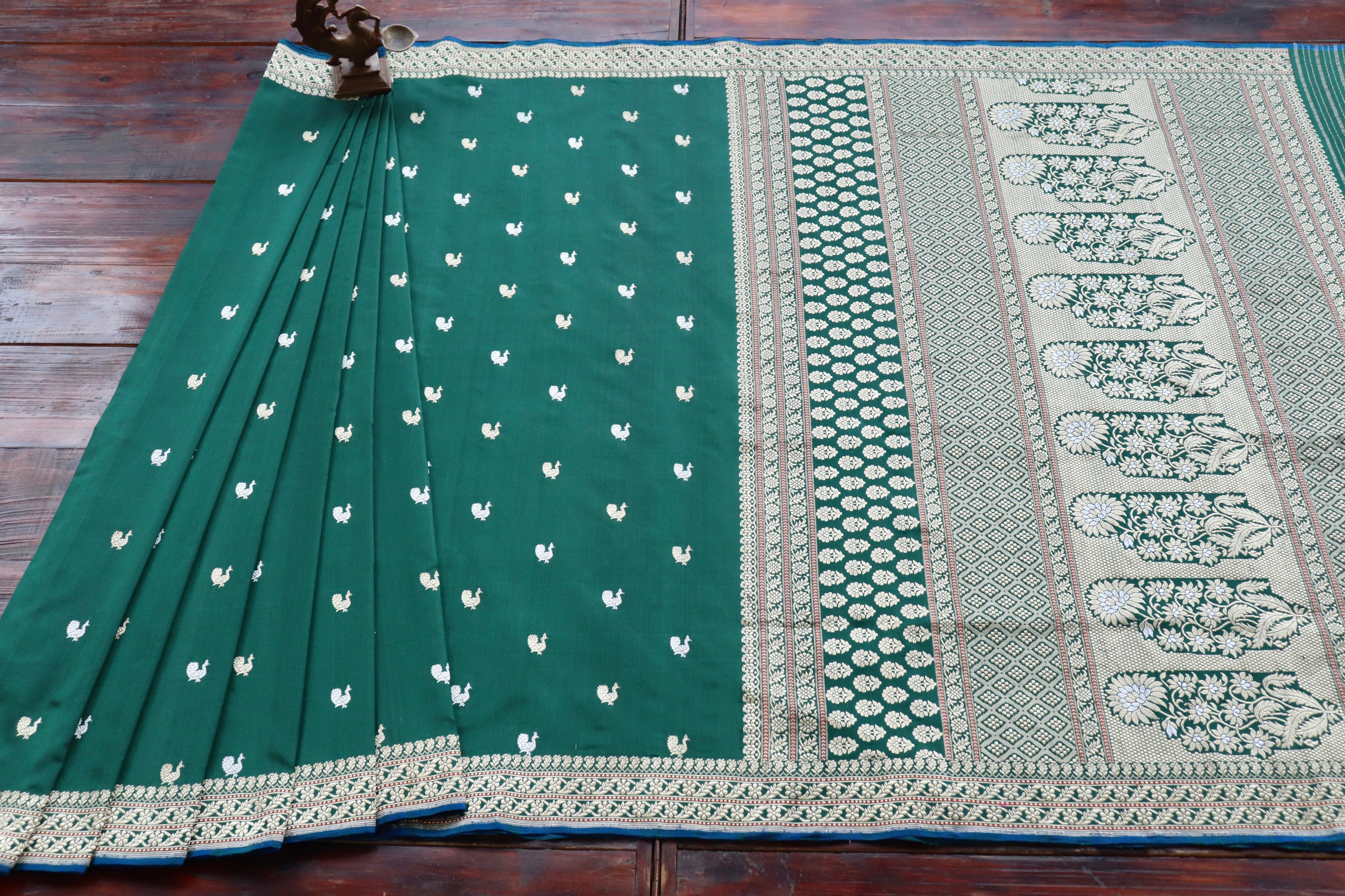 Forest Green Peacock Motif Pure Silk Handloom Banarasi Saree