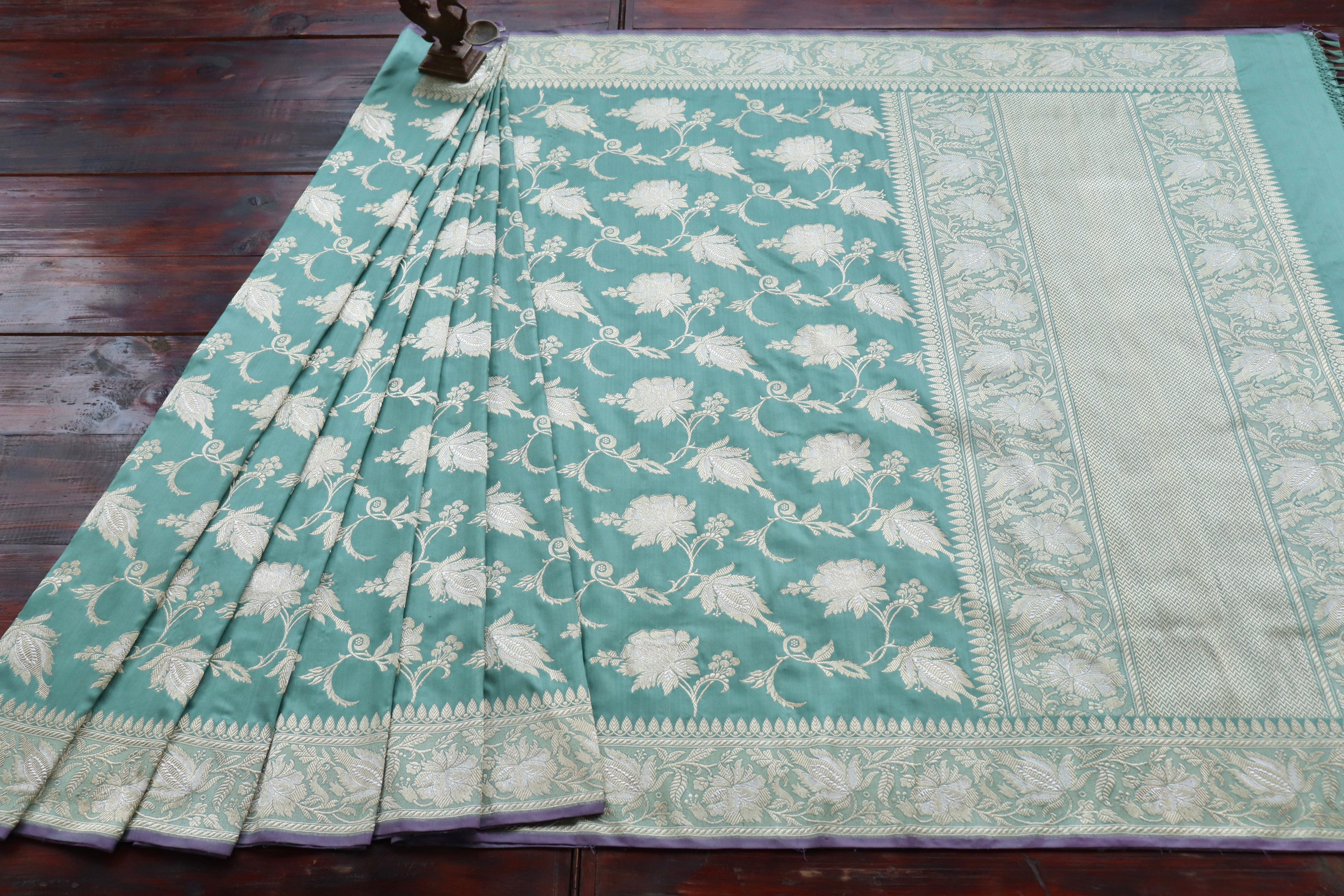 Mint Green Chinar Jangla Pure Silk Handloom Banarasi Saree