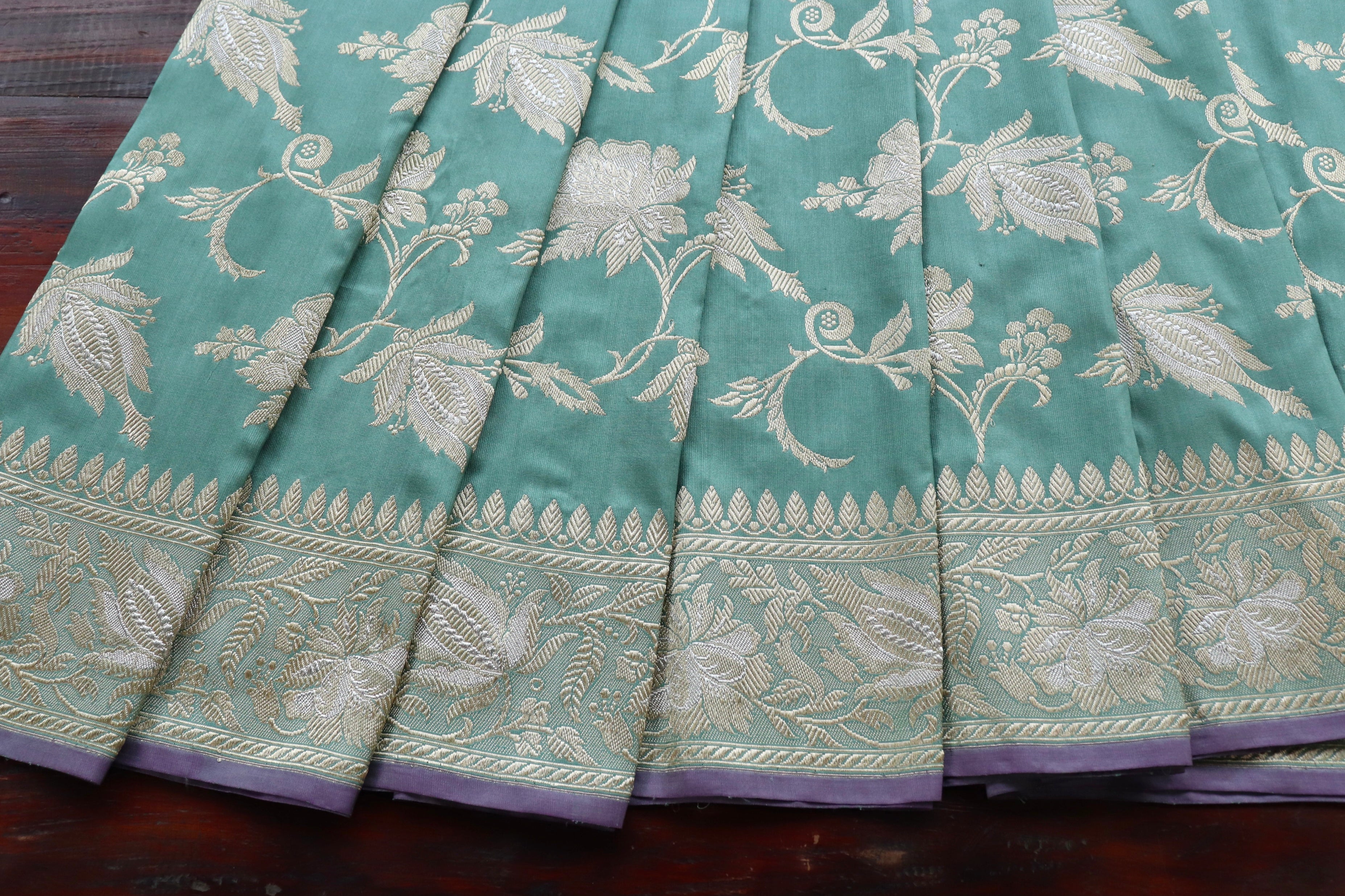 Mint Green Chinar Jangla Pure Silk Handloom Banarasi Saree