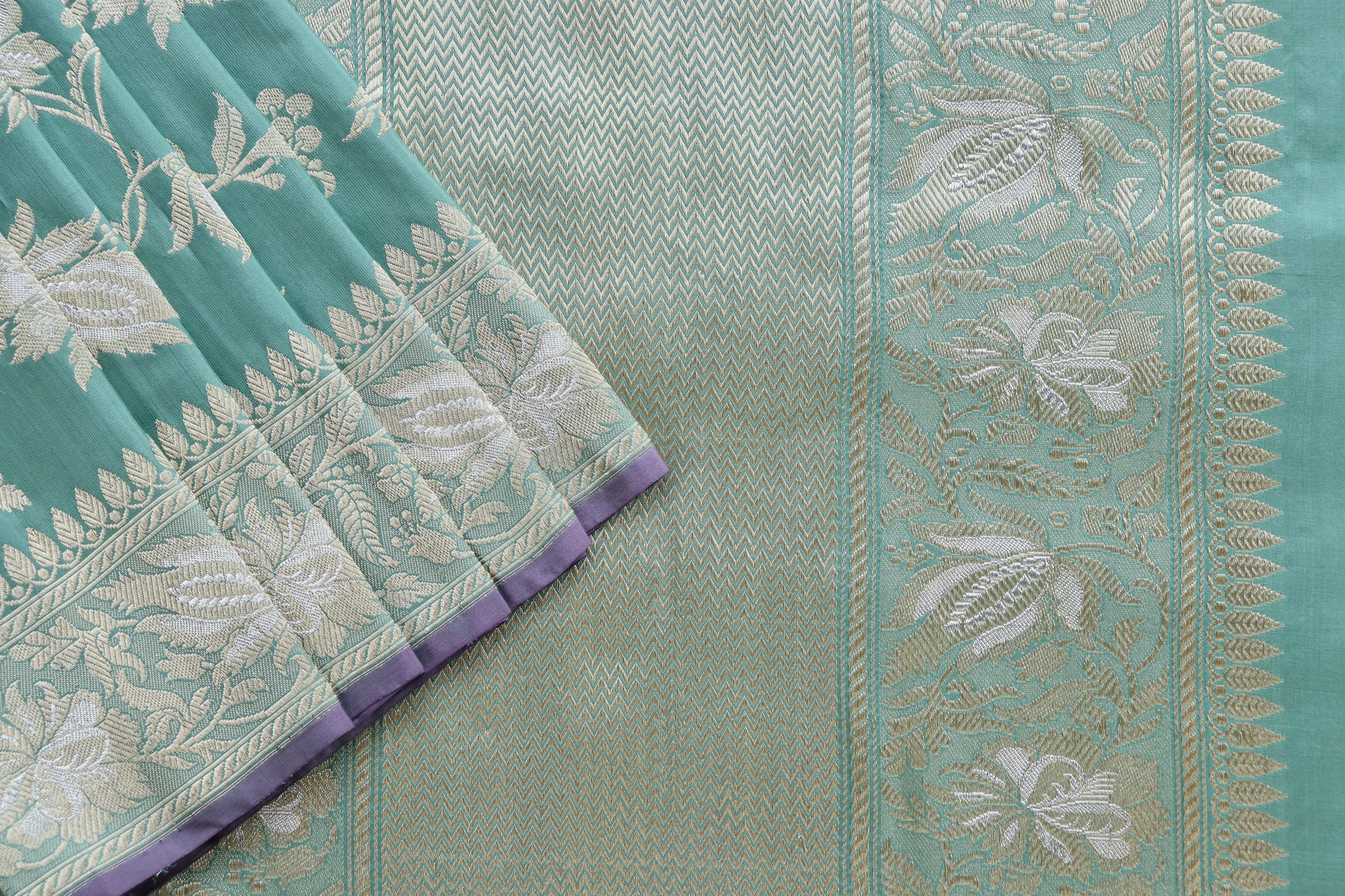 Mint Green Chinar Jangla Pure Silk Handloom Banarasi Saree