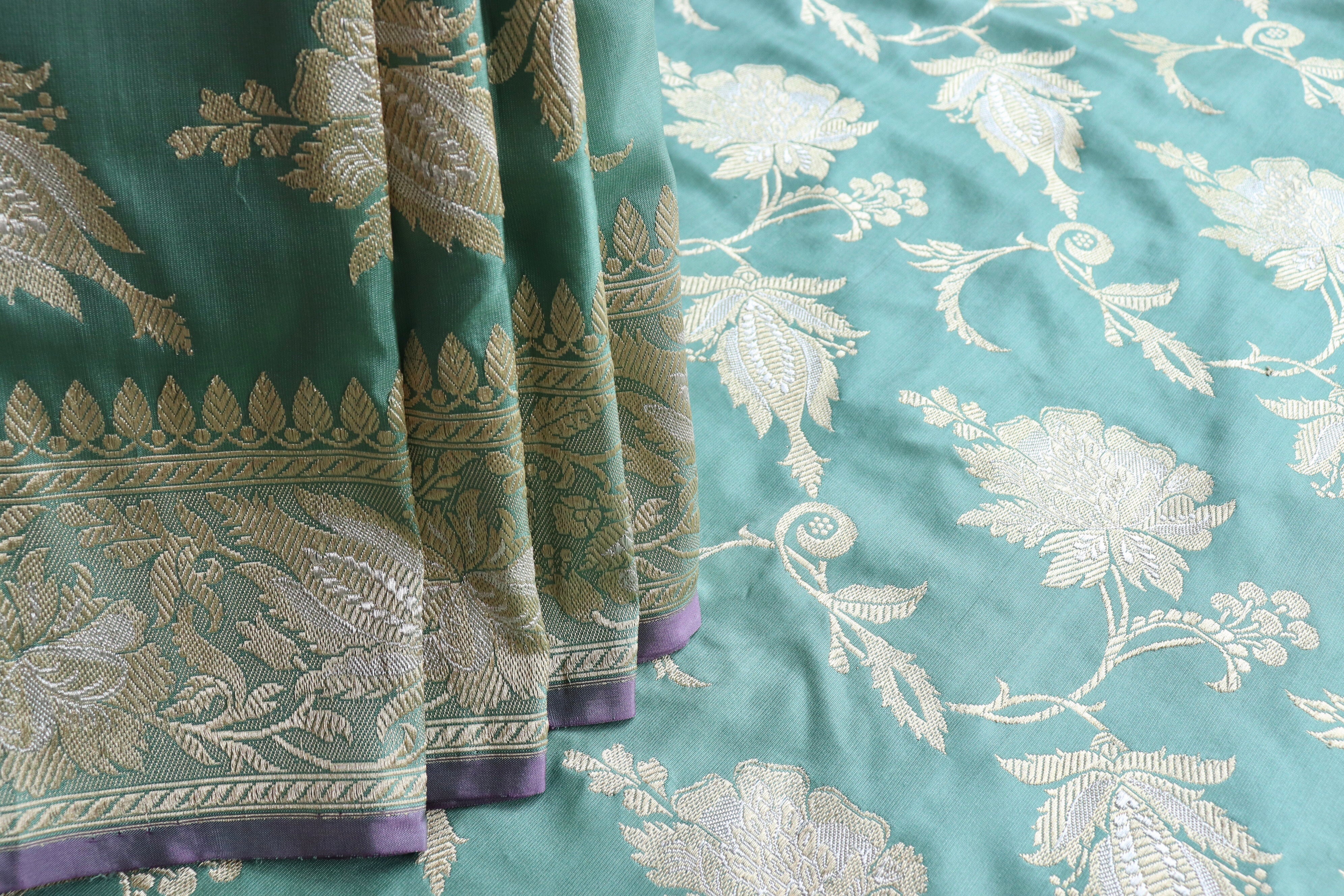 Mint Green Chinar Jangla Pure Silk Handloom Banarasi Saree