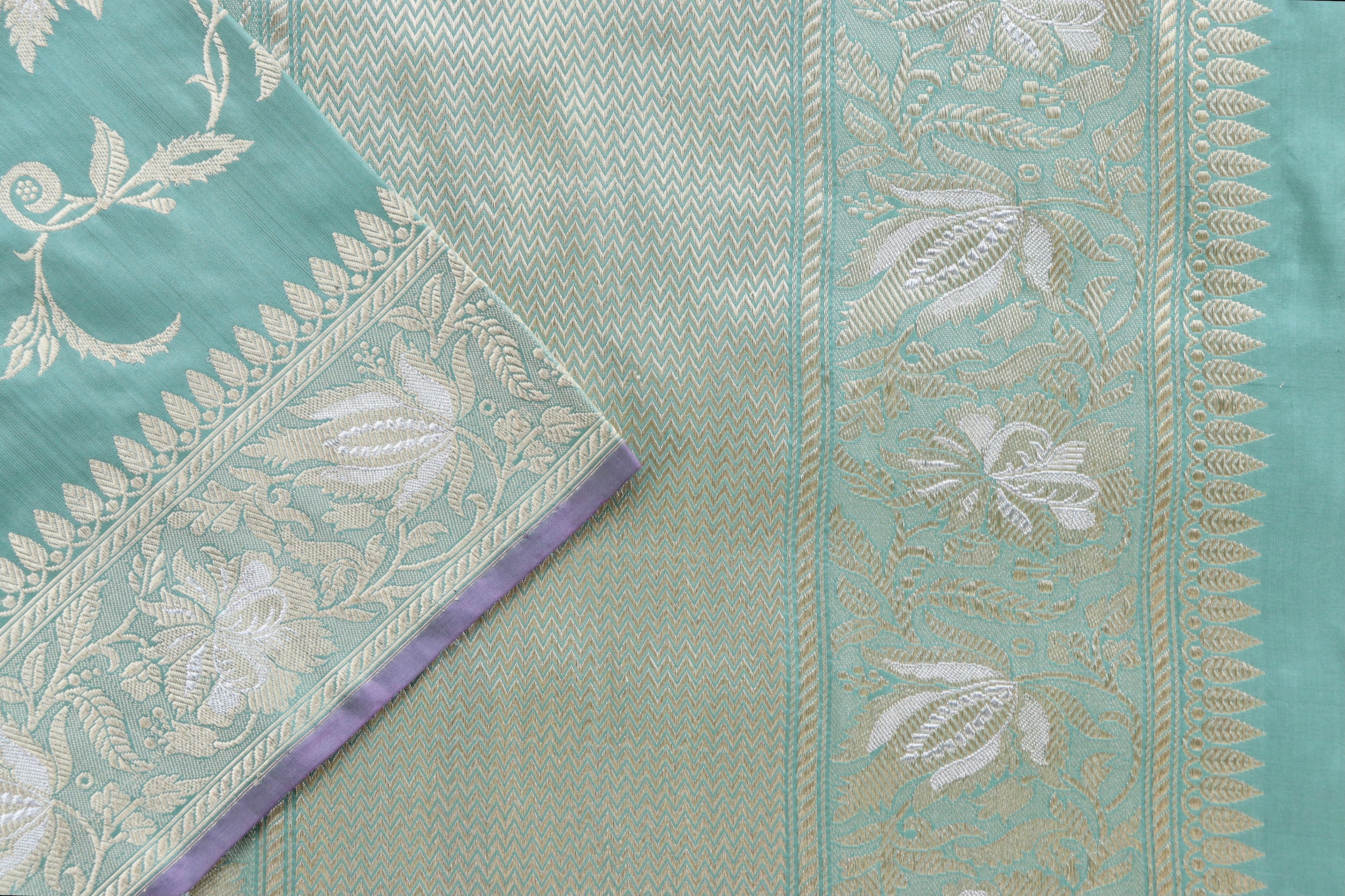 Mint Green Chinar Jangla Pure Silk Handloom Banarasi Saree