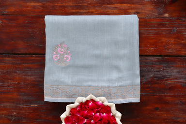 Grey handloom Banarsi saree with kadhua motifs in Munga silk