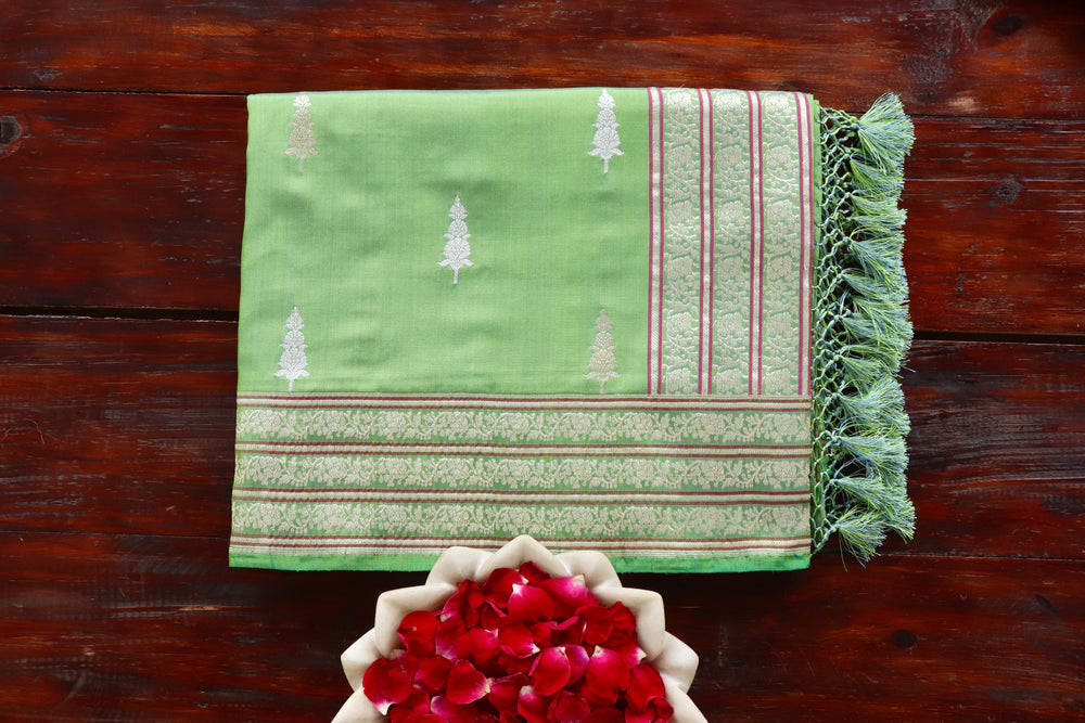 Parrot Green pure silk Banarasi saree with thread-by-thread motifs, draped for the camera.