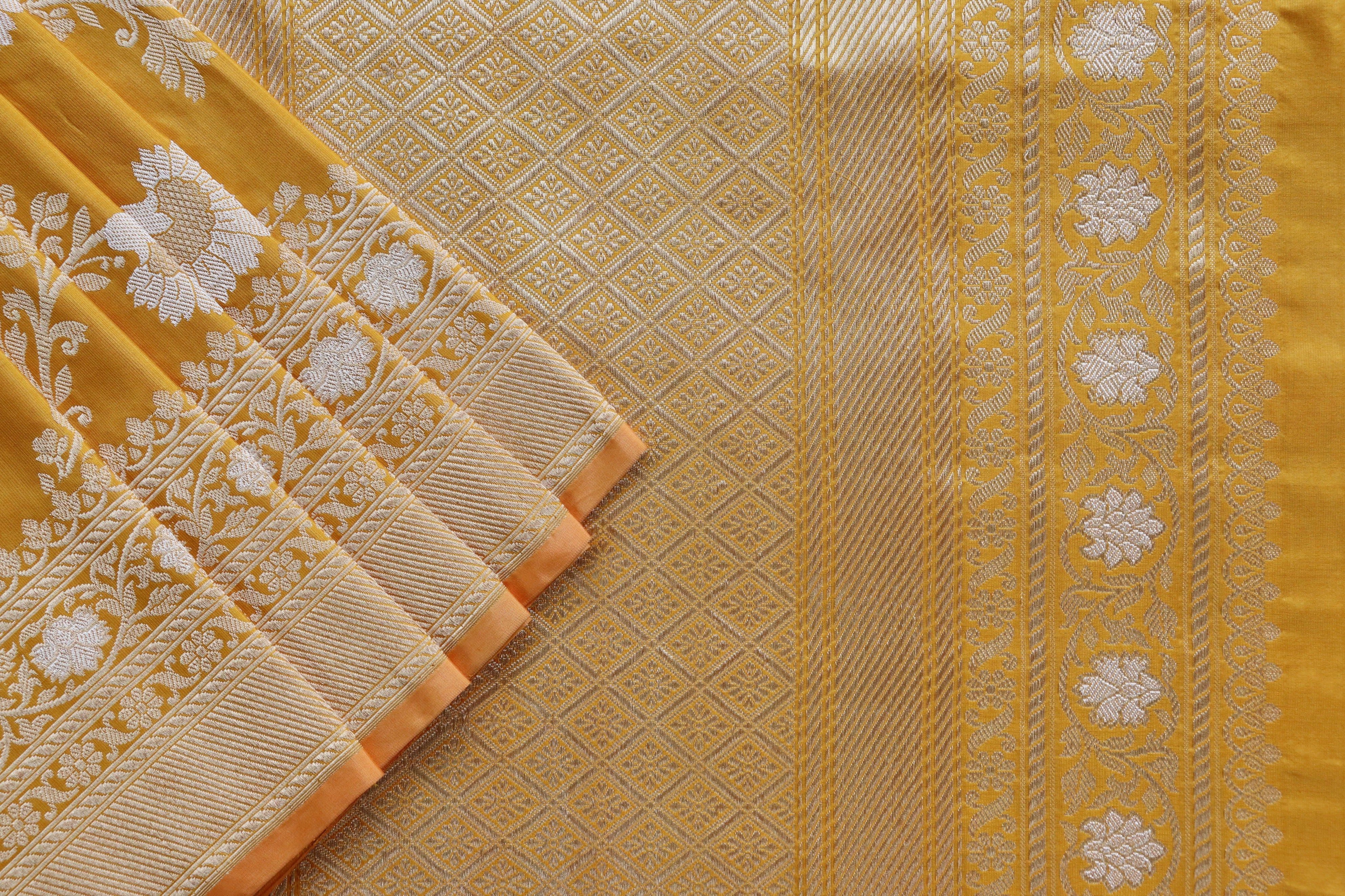 Mustard Zig Zag Jangla Pure Silk Handloom Banarasi Saree