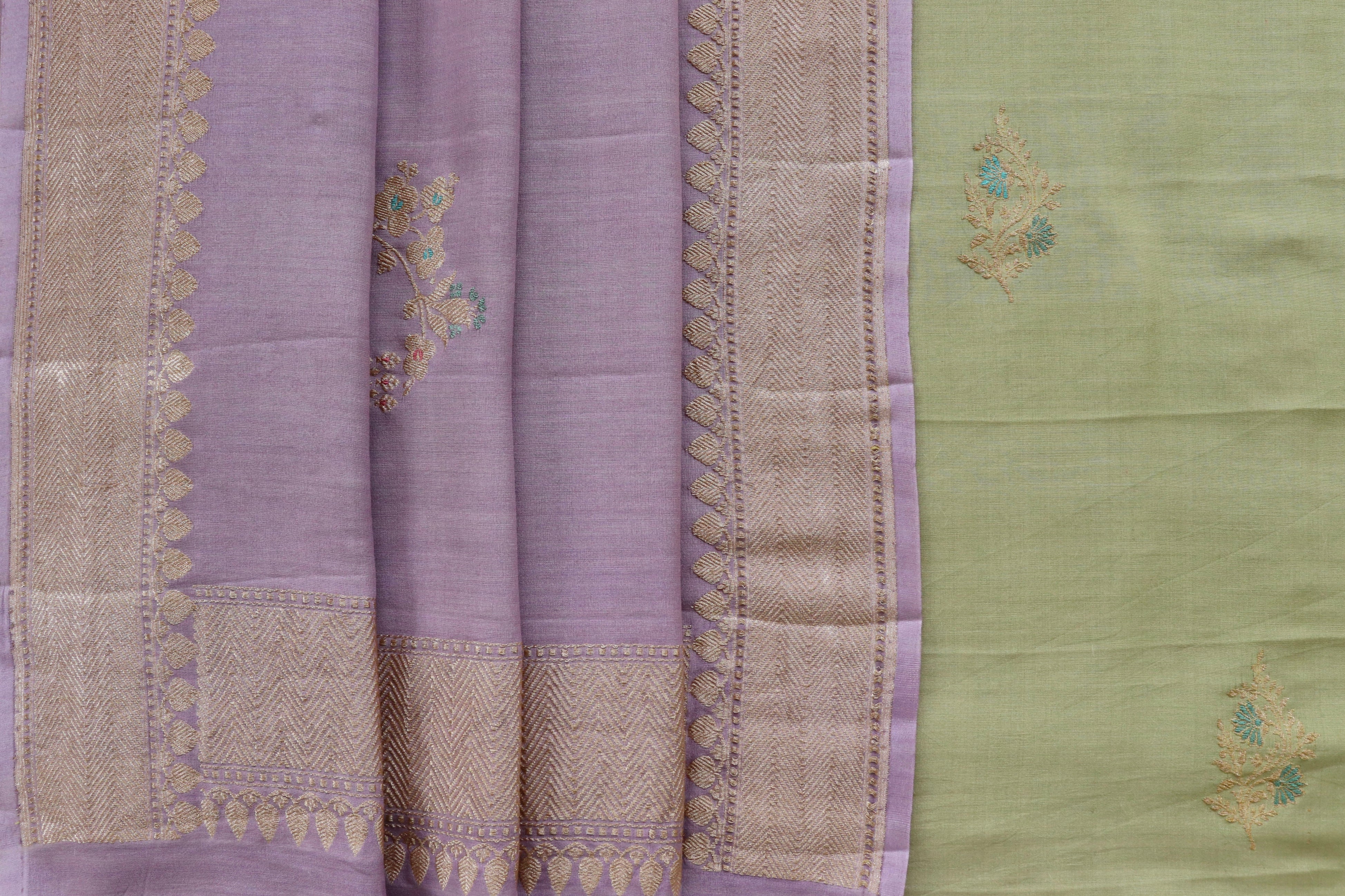 Lilac Grey Dupatta & Pista Green Kurta Munga Silk | Stuti Weaves
