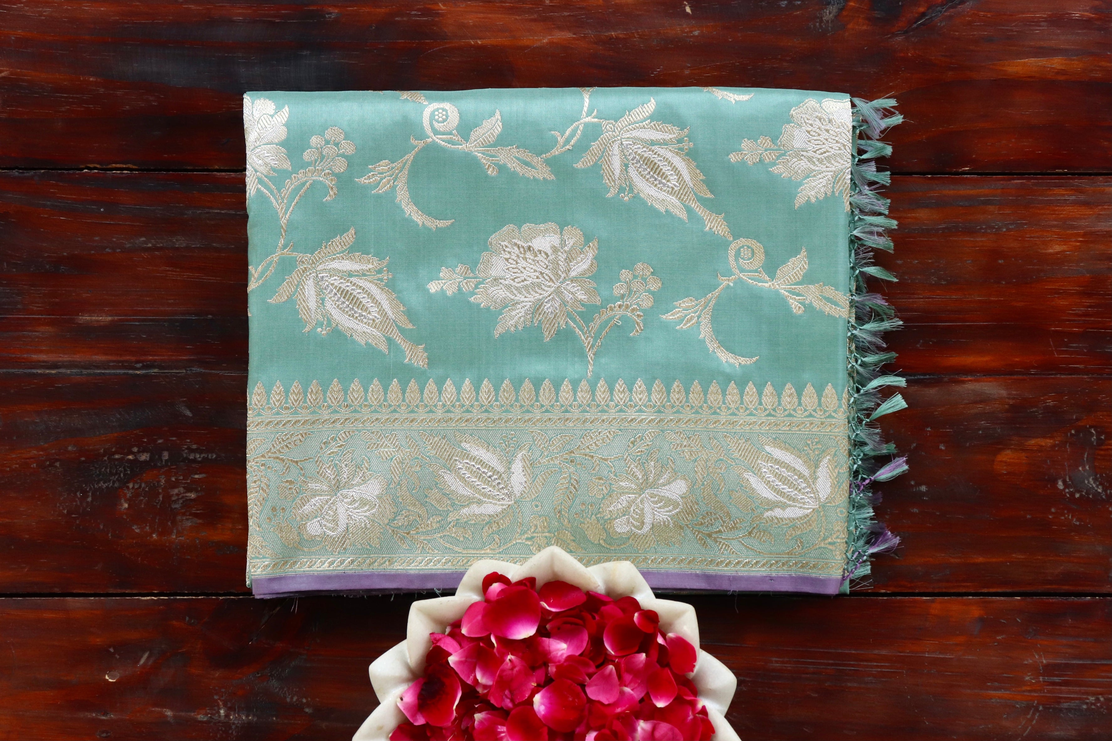 Mint Green Chinar Jangla Pure Silk Handloom Banarasi Saree