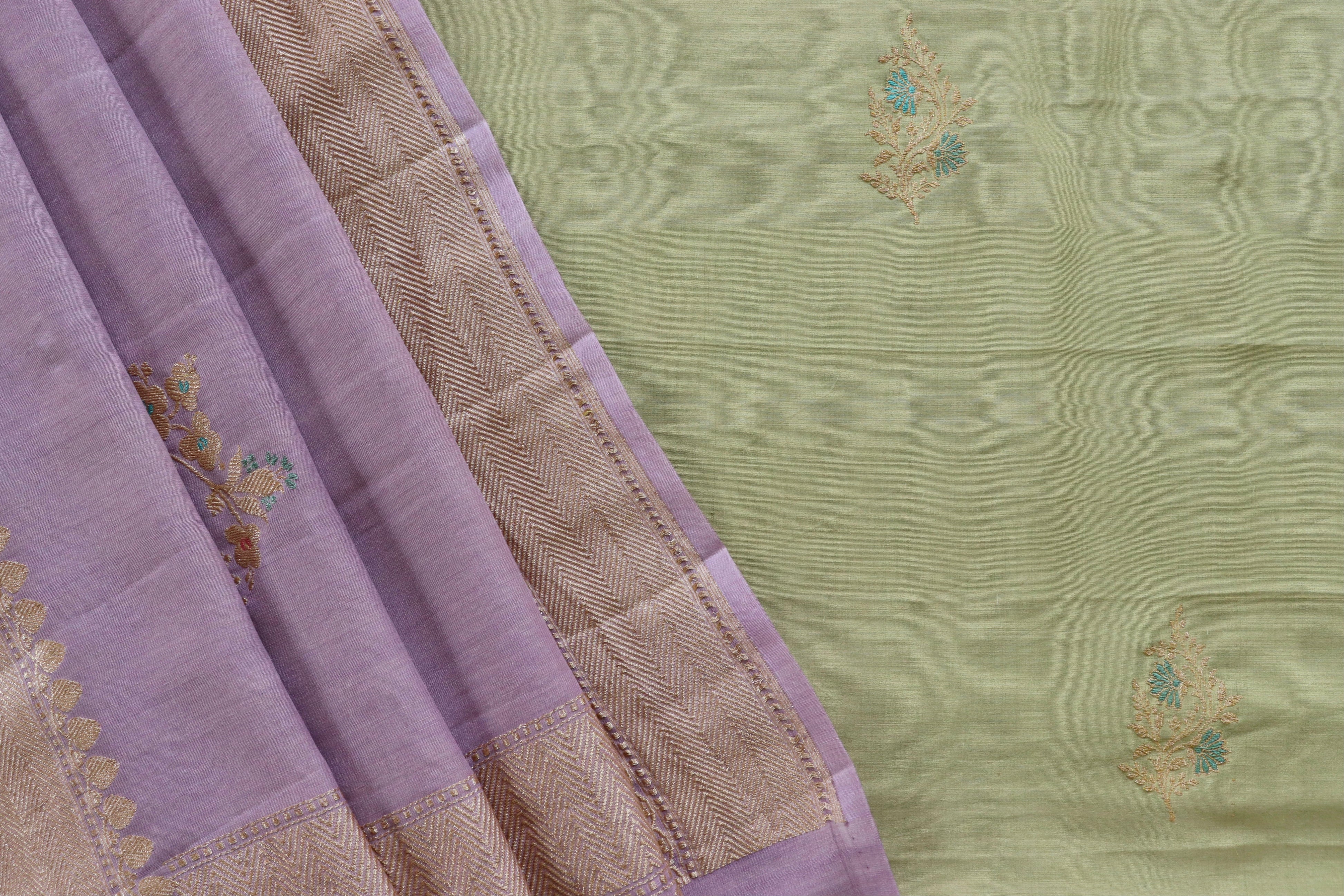 Lilac Grey Dupatta & Pista Green Kurta Munga Silk | Stuti Weaves