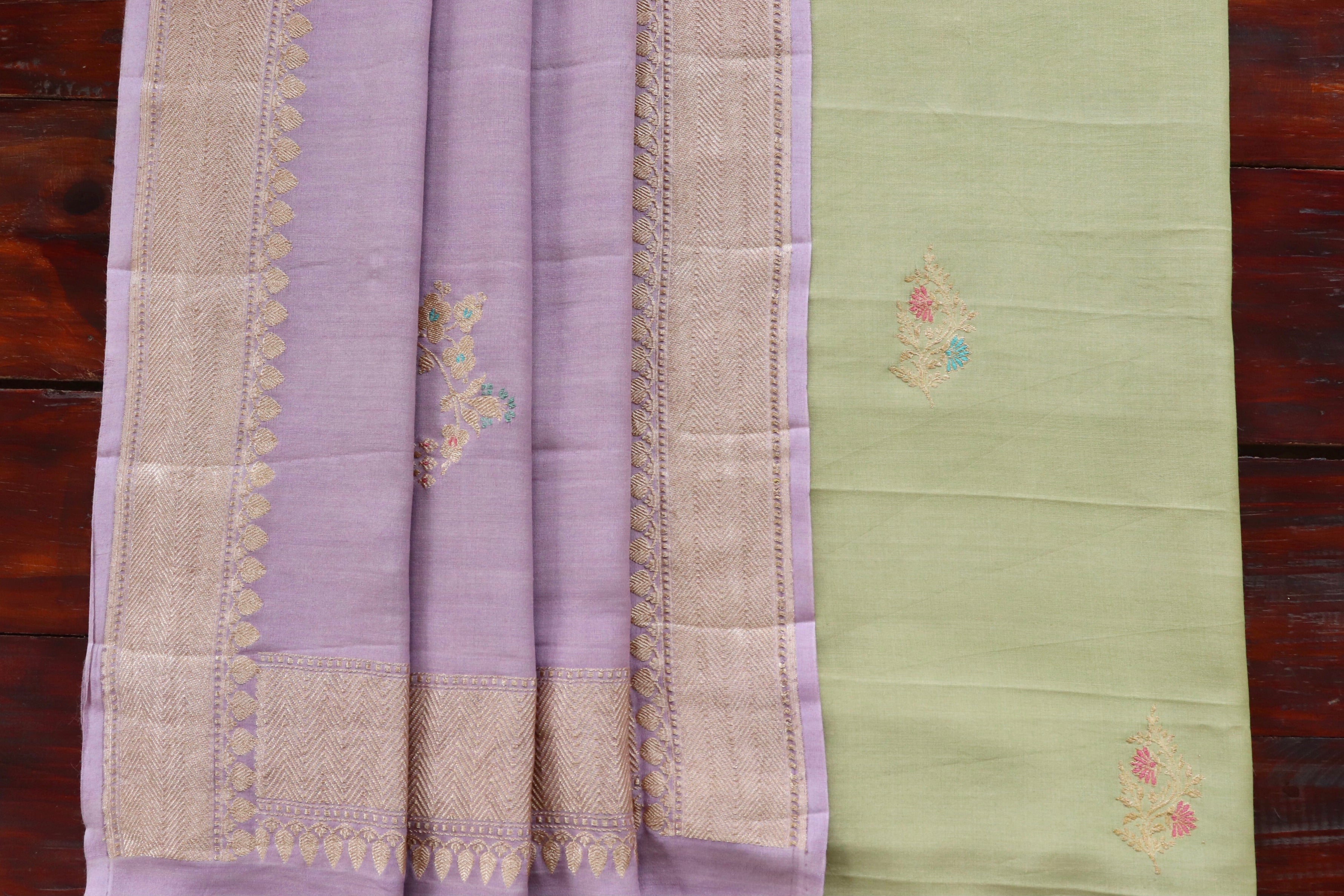 Lilac Grey Dupatta & Pista Green Kurta Munga Silk | Stuti Weaves