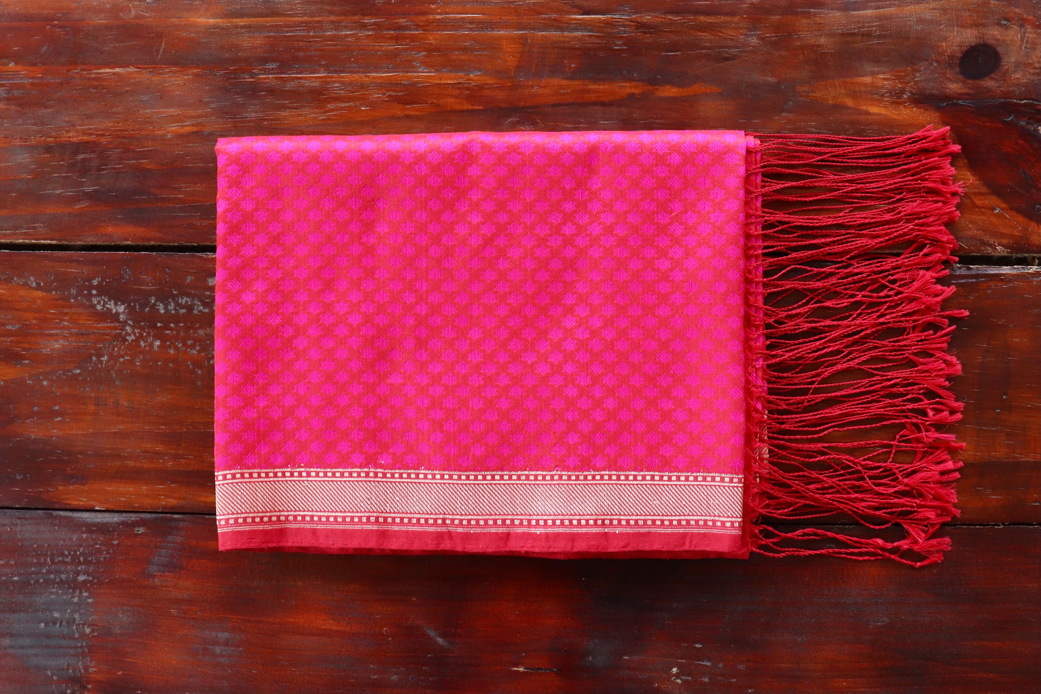 Rani Pink Katan silk Banarasi stole with densely packed Tanchoi motifs.