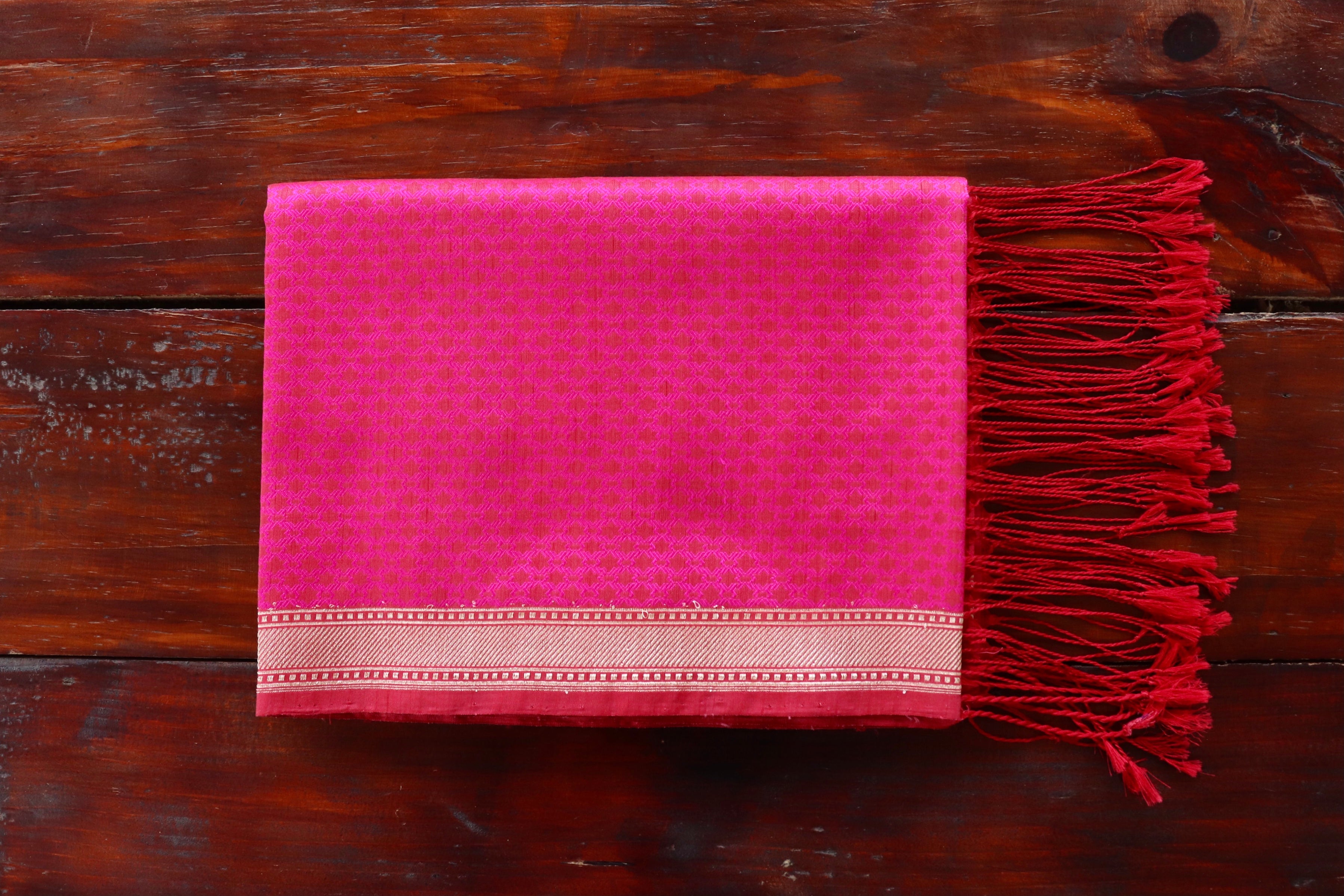 Rani Pink Katan silk Banarasi stole with densely packed Tanchoi motifs.