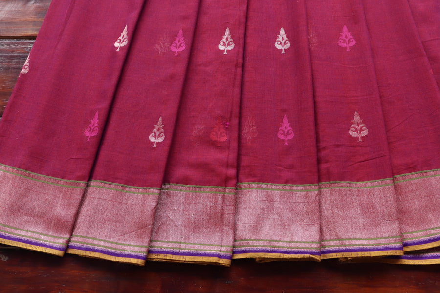 Burgundy Cotton Kadhua Motif Banarasi Handloom Saree