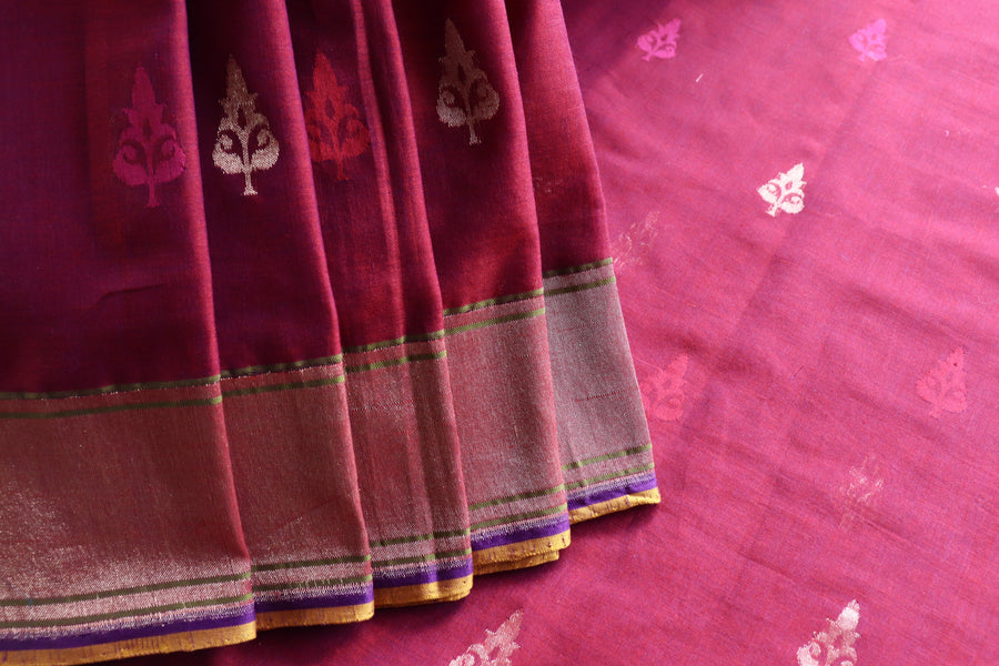 Burgundy Cotton Kadhua Motif Banarasi Handloom Saree