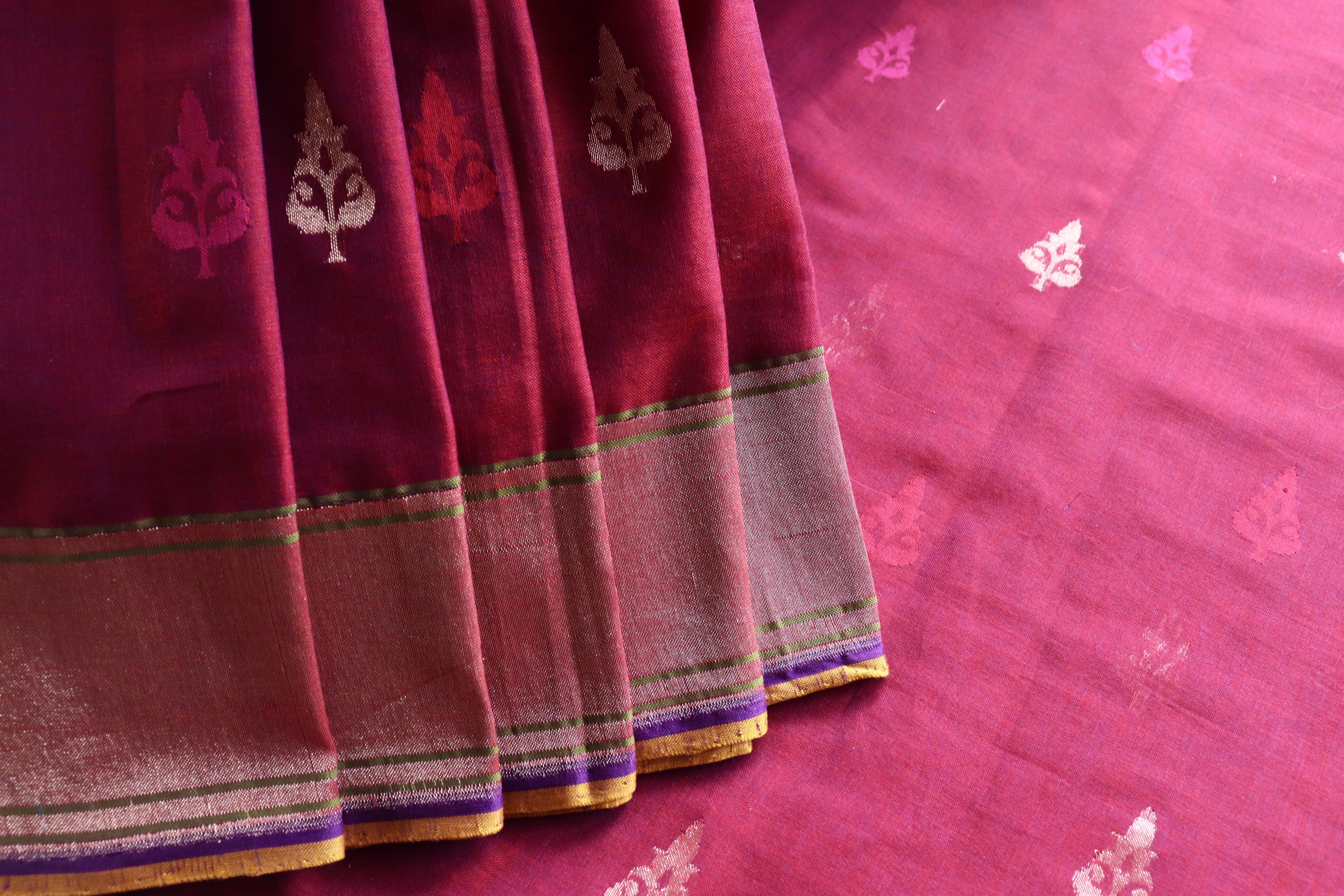 Burgundy Cotton Kadhua Motif Banarasi Handloom Saree