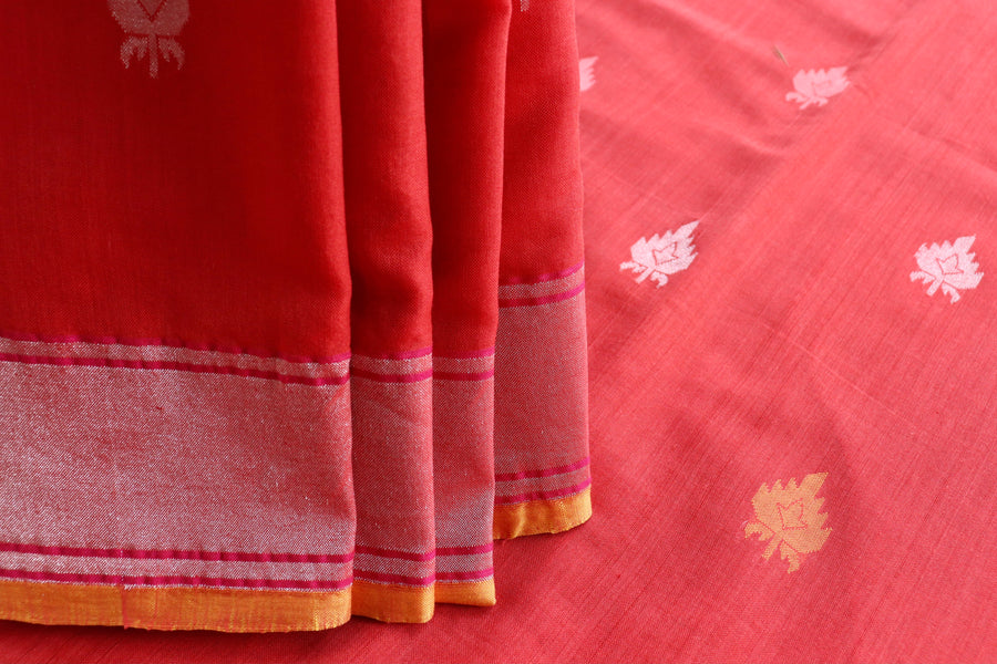 Pallu detail of Red Kadhua cotton handwoven saree