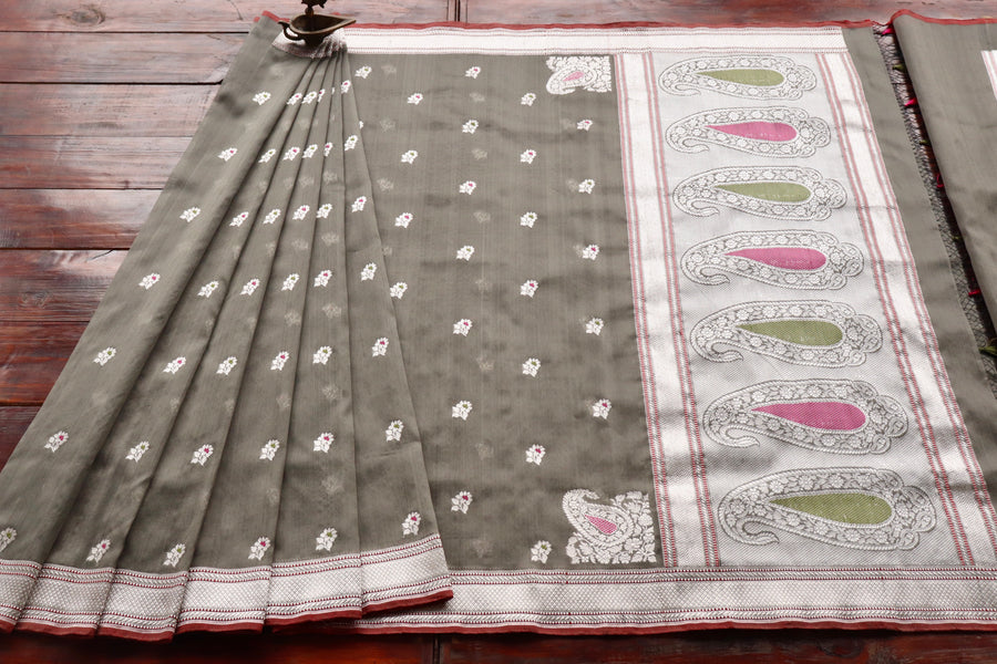 Grey Kadhua Motif Pure Kora Silk Banarasi Saree | Stuti Weaves