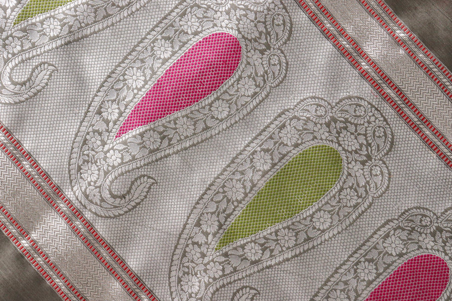 Grey Kadhua Motif Pure Kora Silk Banarasi Saree | Stuti Weaves