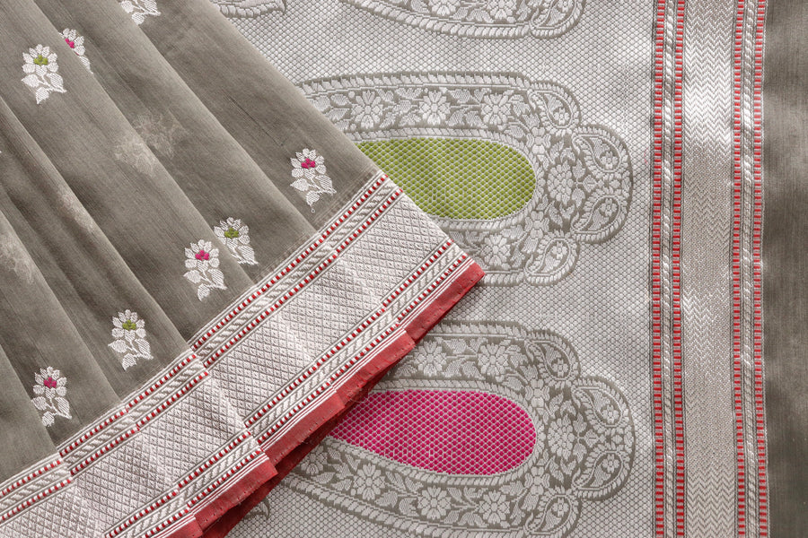 Grey Kadhua Motif Pure Kora Silk Banarasi Saree | Stuti Weaves