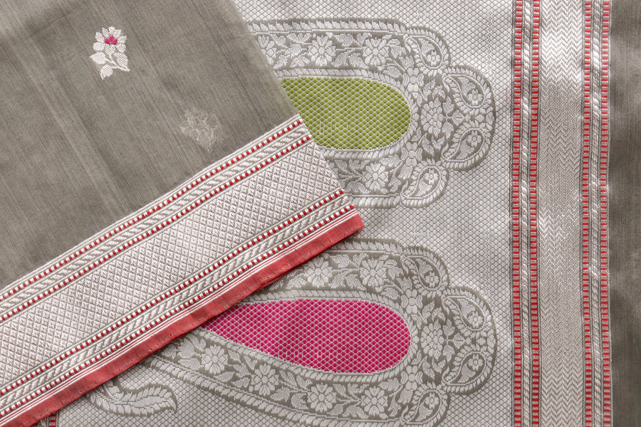 Grey Kadhua Motif Pure Kora Silk Banarasi Saree | Stuti Weaves
