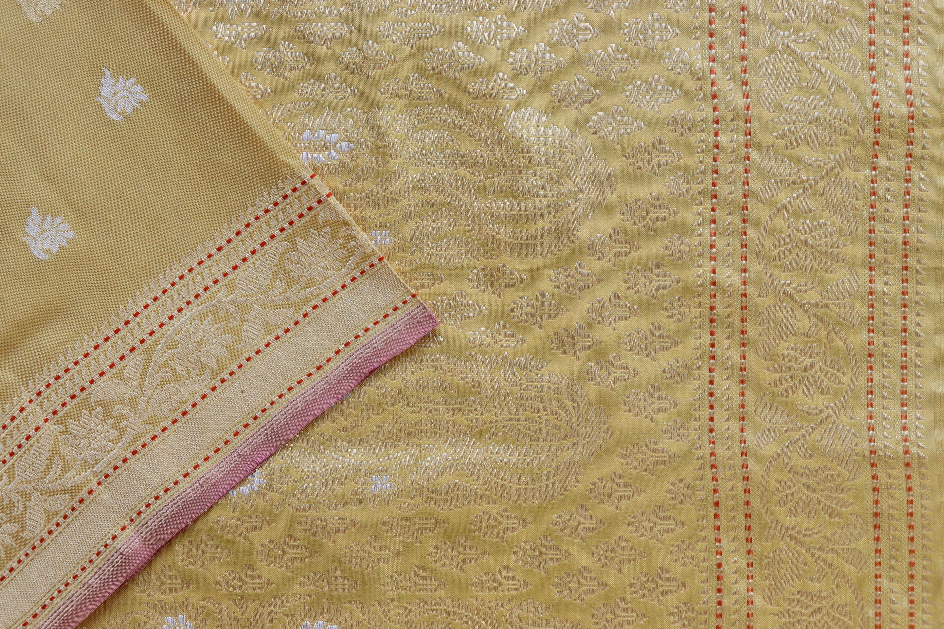 Butter Yellow Kadhua Motif Pure Silk Handloom Banarasi Saree