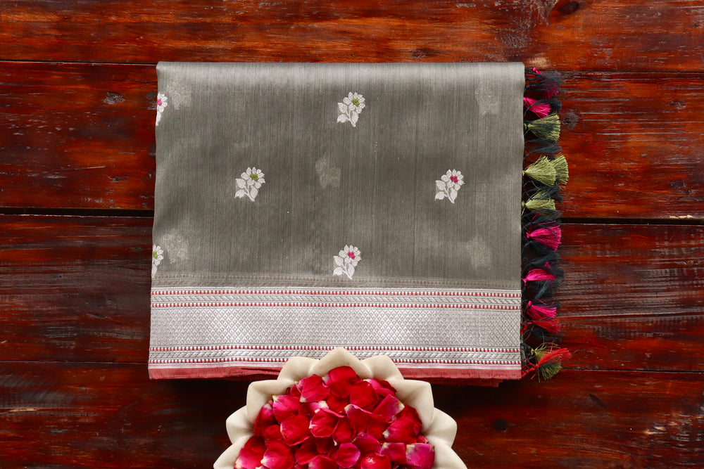 Grey Kadhua Motif Pure Kora Silk Banarasi Saree | Stuti Weaves