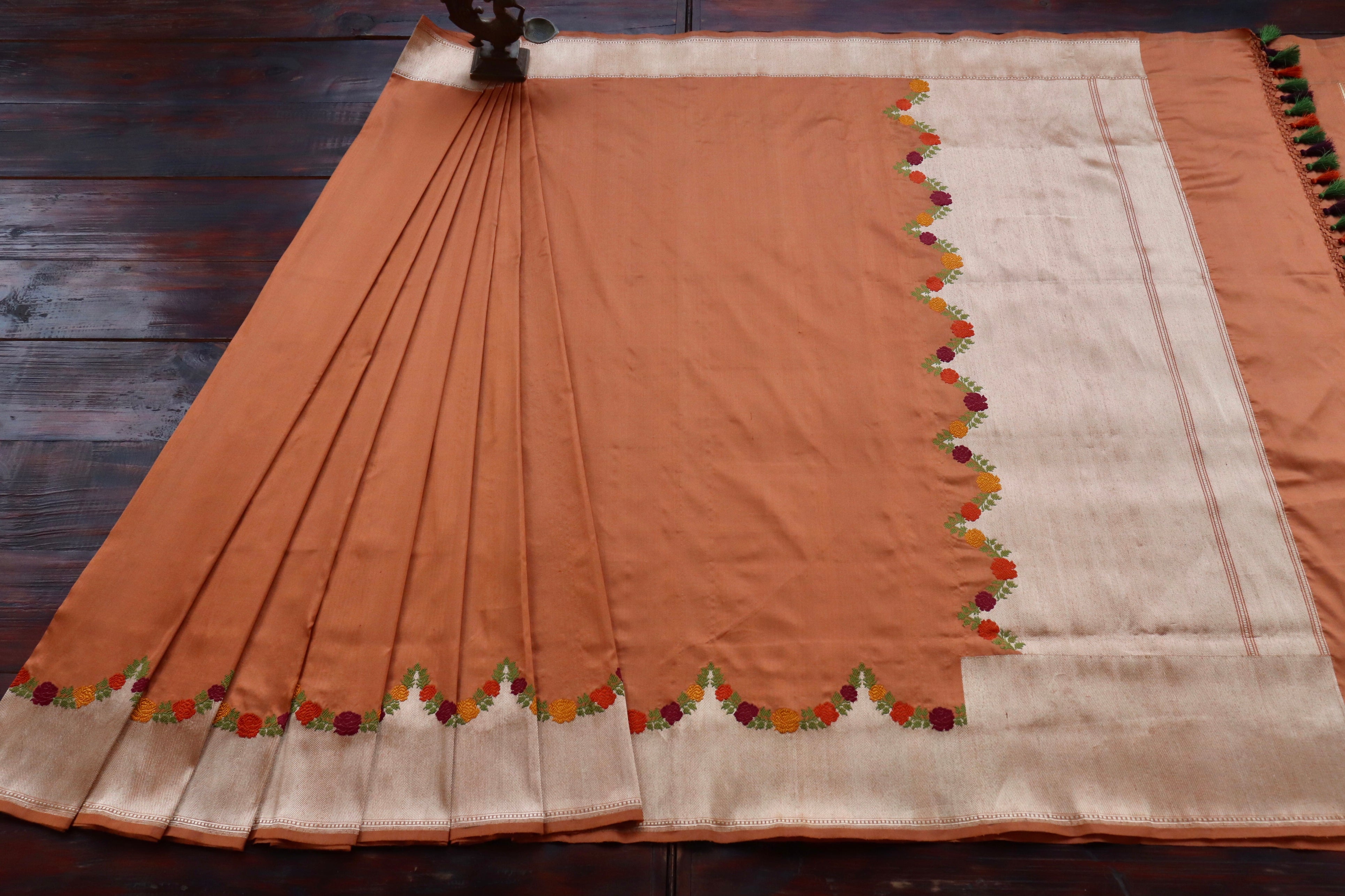 Rust Yellow Floral Border Pure Silk Handloom Banarasi Saree