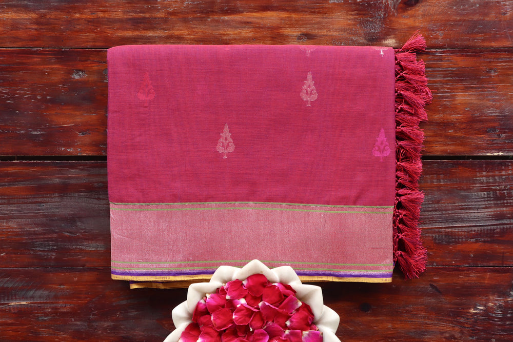 Burgundy handloom Banarsi saree with kadhua motifs in cotton
