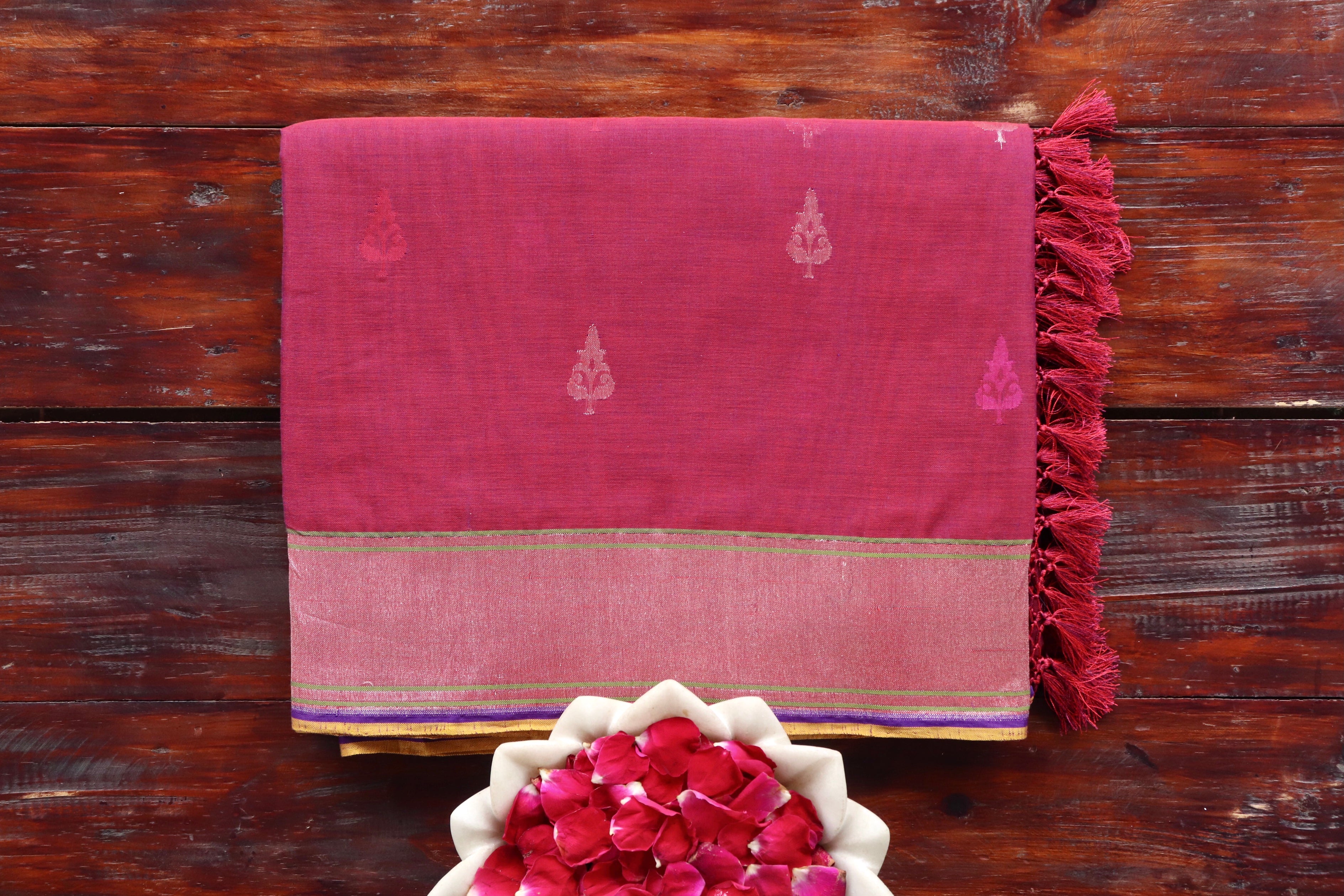 Burgundy Cotton Kadhua Motif Banarasi Handloom Saree