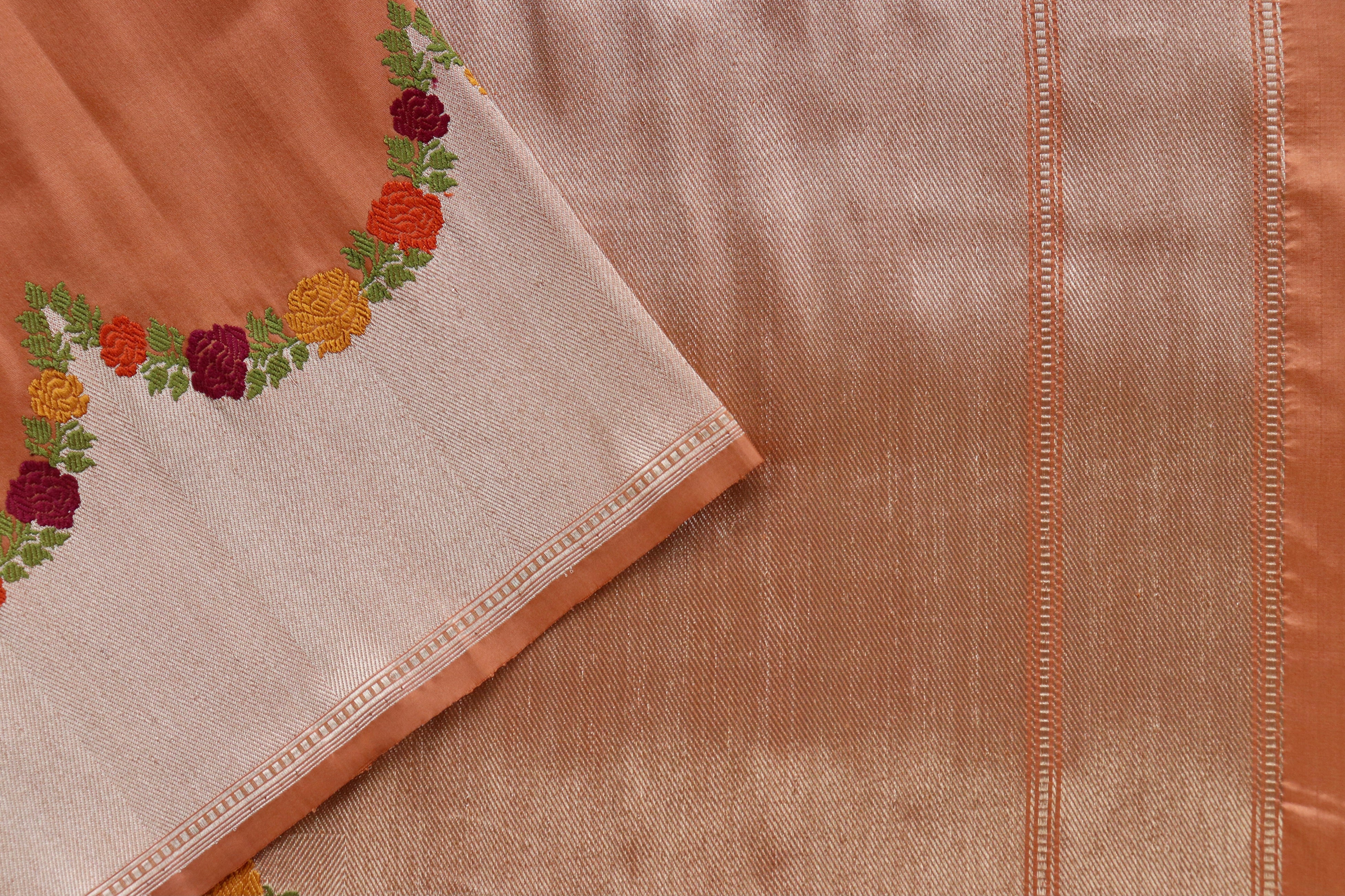 Rust Yellow Floral Border Pure Silk Handloom Banarasi Saree