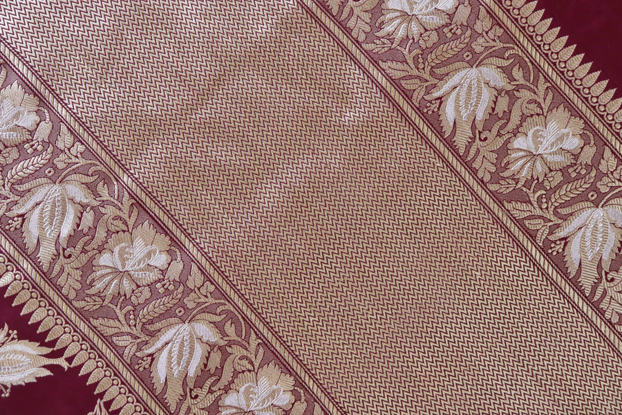 Maroon Chinar Jangla Pure Silk Banarasi Saree | Stuti Weaves