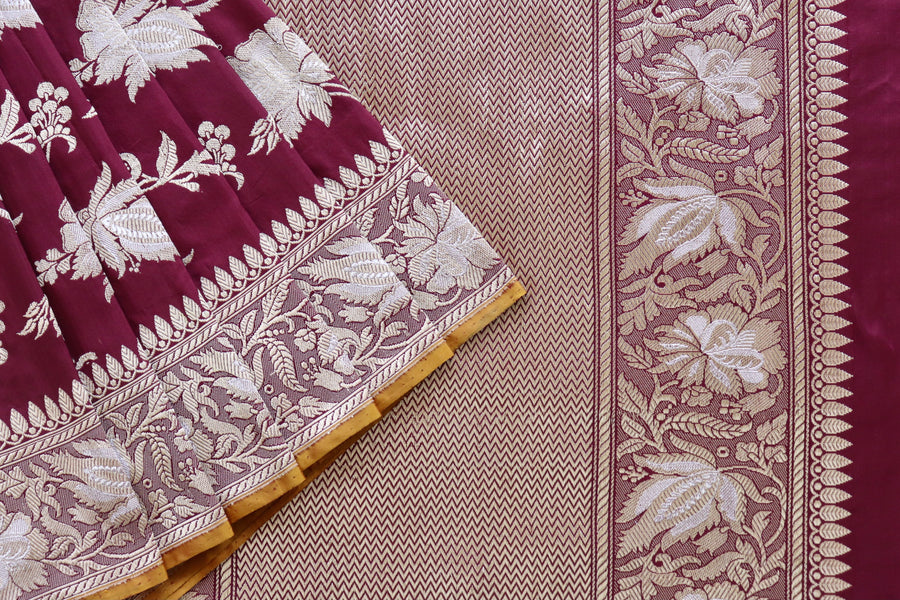Maroon Chinar Jangla Pure Silk Banarasi Saree | Stuti Weaves
