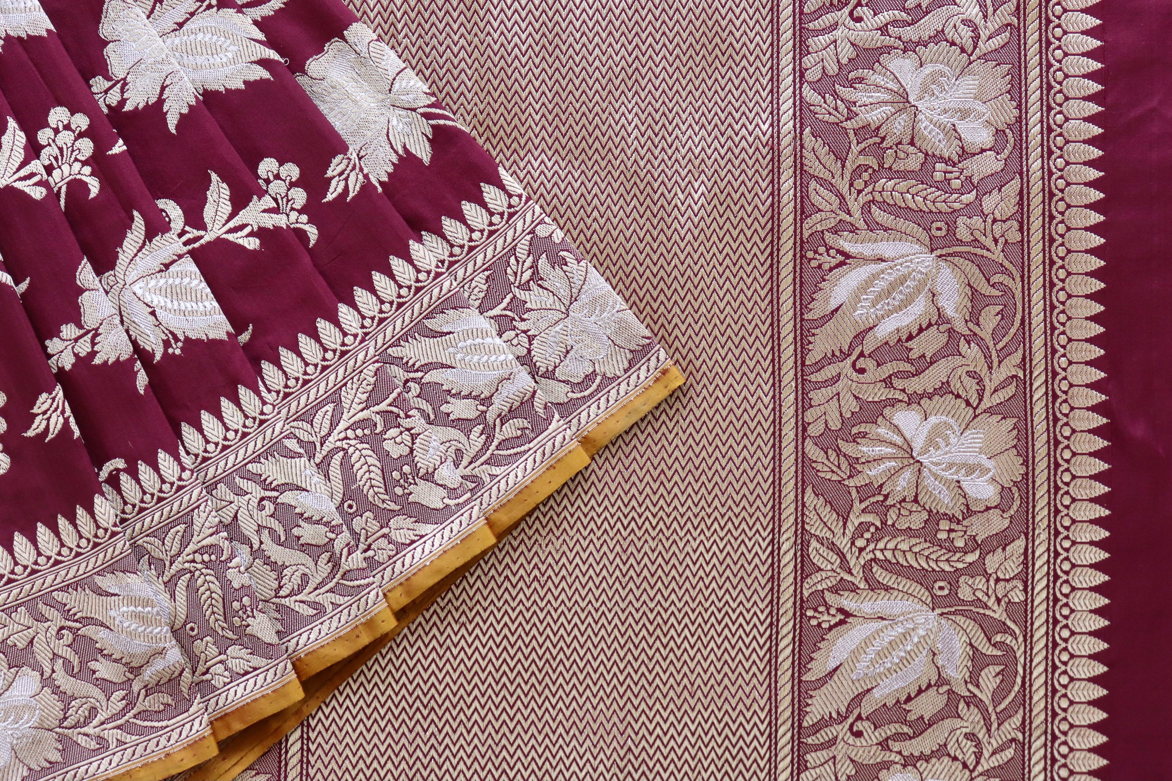 Maroon Chinar Jangla Pure Silk Handloom Banarasi Saree
