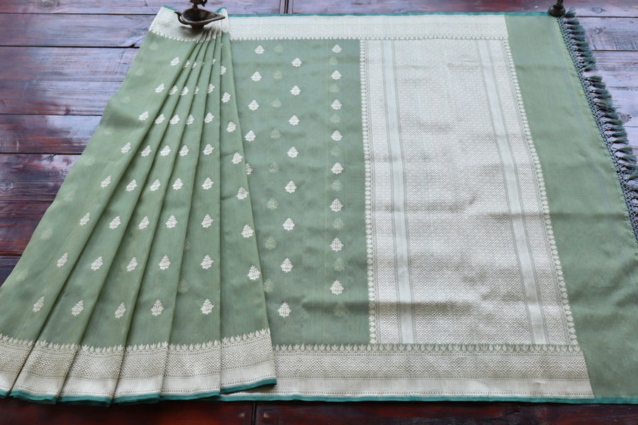 Pista Green Leaf Motif Handloom Banarasi Silk Saree