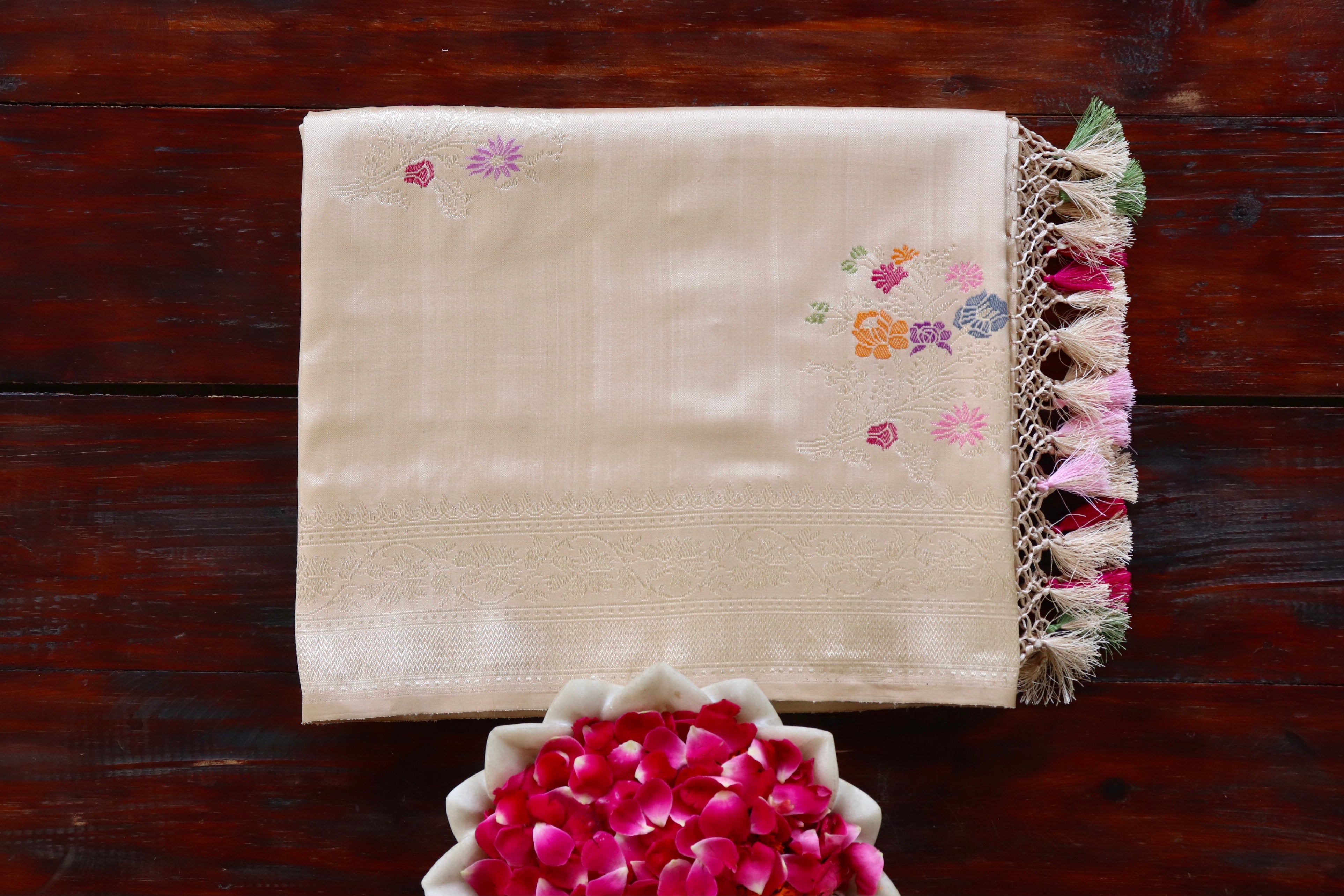 Beige Guldasta Motif Pure Katan Silk Handloom Saree