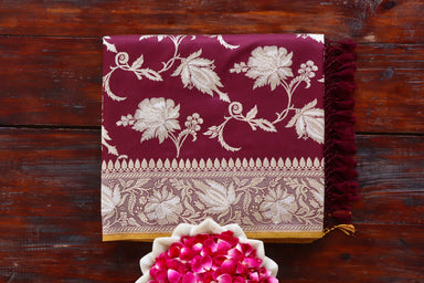 Maroon handloom Banarsi saree with jangla motifs in pure silk